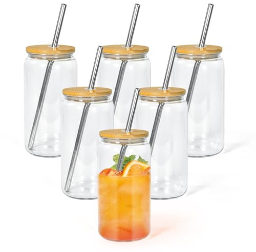 Icesip 16oz Acrylic Mason Jar Cups, Clear Cups with Bamboo Lids and Straws, Iced Coffee Cup Drinking Glass Tumbler for Whiskey, Soda, Tea, Juice, Gift, 6pcs