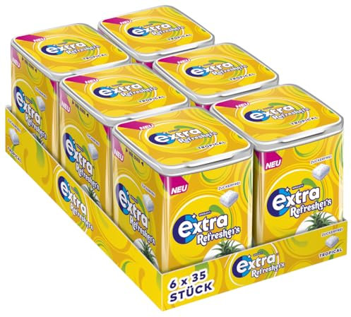Extra Refreshers Kaugummi zuckerfrei, Tropical Gum, 6 x 35 Dragees, Großpackung Chewing Gum, Xylitol Kaugummi ohne Zucker (210 Dragees)
