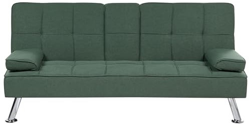3-Sitzer Schlafsofa Stoffbezug grün mit integriertem Tisch Klapparmlehne Roxen