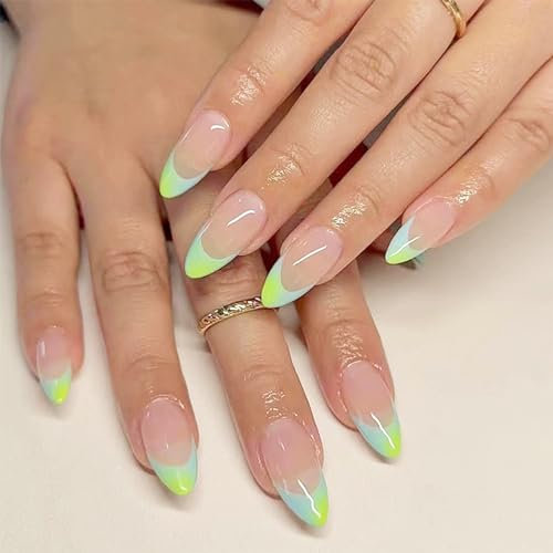 NICENEEDED 24 PCS French Tip Press Sur Faux Ongles, Faux Ongles Bleu Vert Dégradé Amande, Ongles Acryliques Nus, Couverture Complète, Bâton Sur les Ongles