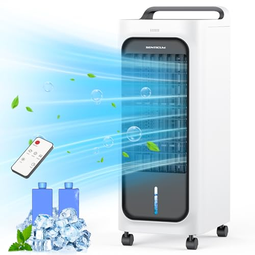 SENTICUM Mobile Klimagerät, Luftkühler mit Wasserkühlung, 3-in-1 Mobile Klimaanlage, Luftbefeuchter, Ventilator, mit Fernbedienung, 3 Modi und 3 Geschwindigkeiten, 12H Timer, 5,5L Wassertank