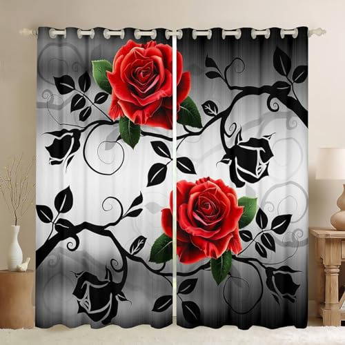 Homemissing Red Rose Window Curtains for Bedroom Living Room Floral Flower Curtains for Boys Girls Romantic Window Drapes Grey White Window Treatments With 1 Pillow Case W66*L72,2 Panels
