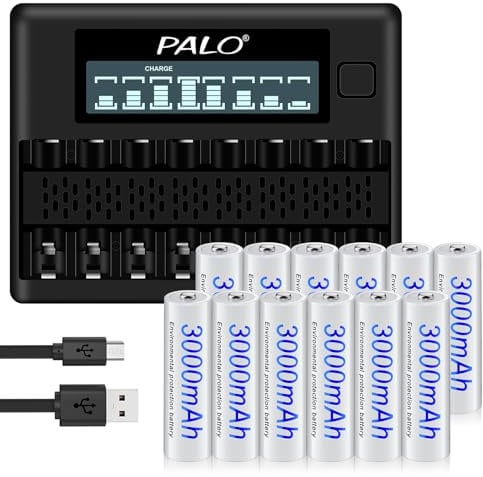 AA Batteries Rechargeable with Charger - 12pcs AA 3000mAh Rechargeable Batteries 1.2V NiMH with 8 compartment Intelligent LCD Battery Charger With Discharge