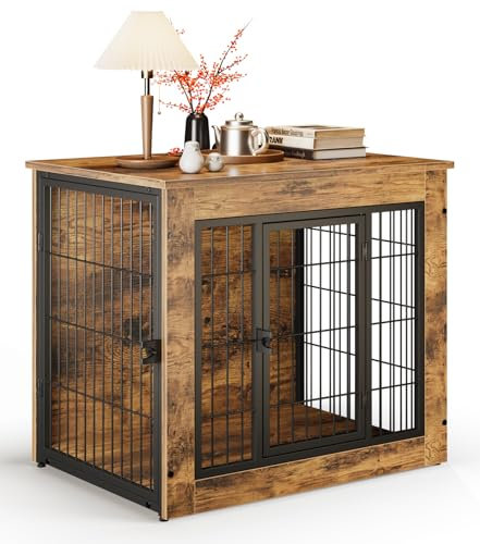 The Fellie Dog Crate with Soft Cushion, Furniture Style Small Dog Crate, Heavy-Duty Dog Cage End Table, Double Doors Dog House, Wooden Dog Crate with Adjustable Feet, 69x51x60cm, Rustic Brown