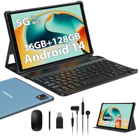 FORUSER Tablet 10 Pollici Android 14, Octa-Core 2.0Ghz 5G WiFi,36GB RAM 128GB ROM,(1TB TF) 1920x1200 Incell,8000mAh,13MP+8MP,BT5.0/GPS 2 in 1 Tablet con Tastiera Mouse,Blu
