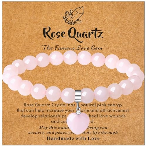 XIANNVXI Herz Rosenquarz Armband Damen Herz Perlen 8mm Rosenquarz Stein Armband Heilsteine Rosa Edelstein Armbänder Glücksarmband Valentinstag Schmuck Freundin Geschenke
