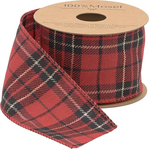 100% Mosel Schleifenband Schottenkaro, in Rot (6 cm x 5 m), mit Drahtkante, kariertes Geschenkband mit Gold Akzent für Weihnachten, Tartan Dekoband aus Stoff als klassische Weihnachtsbaum Dekoration