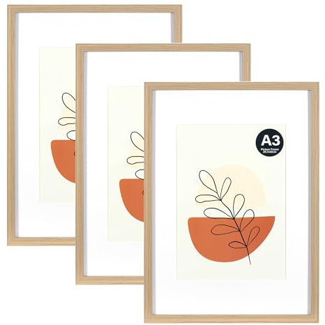 KAIWIN Bilderrahmen Grau A3 3er Set mit Passepartout 21x30 cm (A4) | Fotorahmen mit Acrylglas zum Aufhängen | Für Poster, Puzzles, Posterrahmen, Natur Amerikanische Weiß-Eiche, Holz-Bilderrahmen