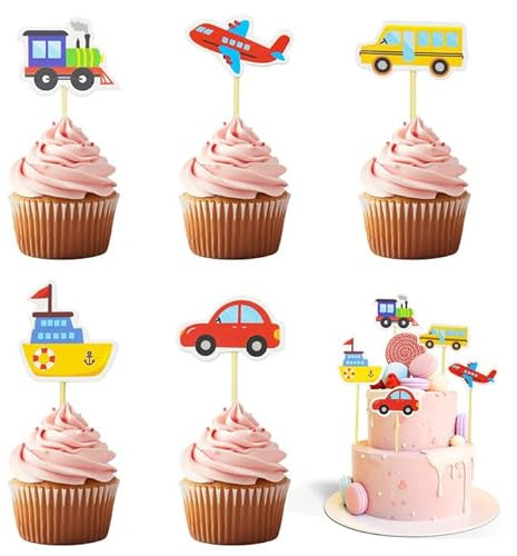 PXBSNB 35 Stück Transport Kuchendeckel, Tortendeko Auto, Bus Zug Flugzeug Schiff Muffin Deko, Transportkuchen PlugIns, Kuchen Topper für Kinder Party Geburtstag Party Kuchen Dekoration