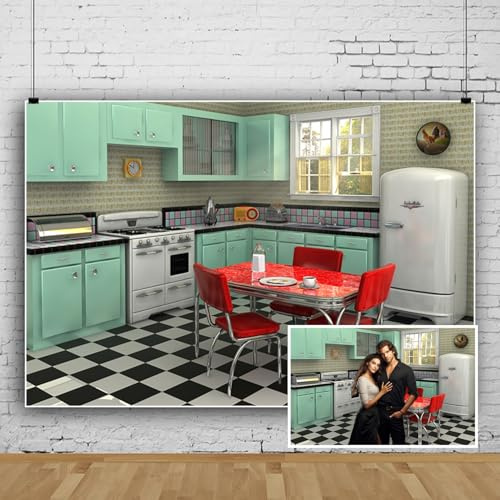 SDOTPMT 3x2m Retro Kitchen Backdrop Green Cabinet Furniture Cooking Dining Photography Background 1950s Party Banner Birthday Decorations Kids Adult Portrait Video Photo Shoot Props