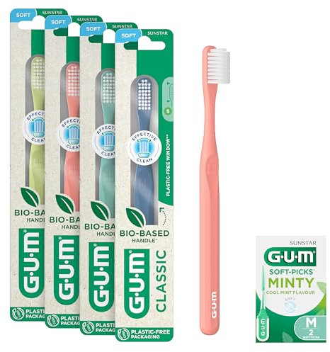 GUM CLASSIC Handzahnbürste | effektiv & nachhaltig | Griff aus Biokunststoff* | weiche Borsten | 4x Zahnbürsten (inkl. 1 Probe)