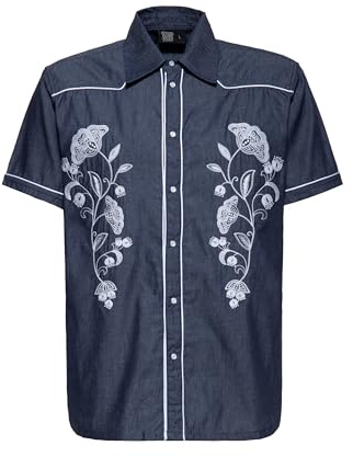 King Kerosin Herren Hemd · Denim · Jeans · Sommer · Leicht · Kurzarm · Western Style · Cowboy · Stickerei · Floral · Paspel · Druckknopf · Vintage· Retro 50s Rockabilly