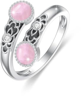 ABIGY Rosenquarz Ring 925 Sterling Silber Doppelstein Ringe Vintage Floral Ring Verstellbarer Ringe Rosa Kristall Weihnachten Halloween Geburtstag Muttertag Schmuck Geschenk für Damen