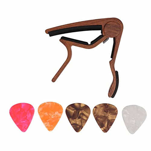 Aluminiumlegierung Capo -Set mit 5 Gitarren -Picks für Schnelle Tonwechseln auf 6 String Gitarre, Banjo, Mandoline und Mehr (dunkles Holz)