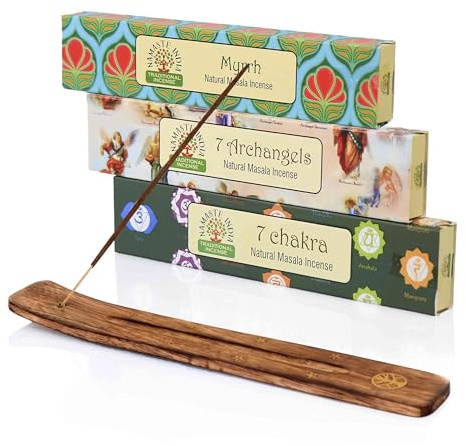 NKlaus Räucherstäbchen Set – 7 Chakra, 7 Archangels & Myrrh (Namaste India) + Holzhalter | Spirituelles Natur Räucherwerk für Meditation & Balance