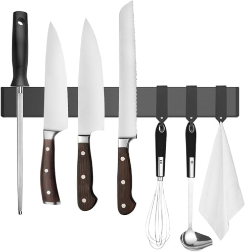 Tysonir 12 Inch Stainless Steel Magnetic Knife Holder,Strong and Secure Magnetic Knife Rack for Metal Kitchen Utensils,Black