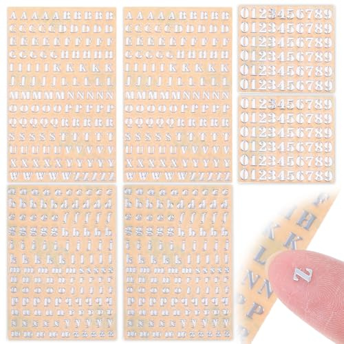 6 Bögen Mini Silber Alphabet Aufkleber, Metall Buchstaben Zahlen Aufkleber Glitzer Selbstklebende Kleine 3D für Epoxidharz, Wasserflaschen, DIY Handwerk(640 Stück)