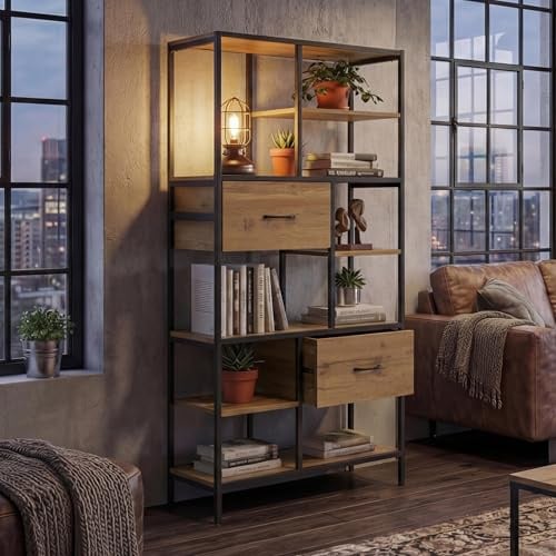 Mendler Regal HWC-P11 150x81x33cm MDF - braun | Regalschrank, Bücherregal, Standregal, Schubladen, Industrial, Metall, Melamin