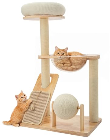 3-Tier Wooden Cat Tree with Slope Scratcher, Sisal Ball & Rolling Toy, Top Bed + Clear Space Capsule Lounge, Stable Tower for Large Cat Scratching Climbing Frame Modern Cat Activity Center for Indoor