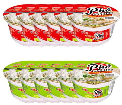 Instant Rice Noodle Pho Bowls 71g (Assorted 2 Flavours, Pack of 12) – Quick Vietnamese-Style Rice Noodles with Savoury Broth, Convenient Hot Meal