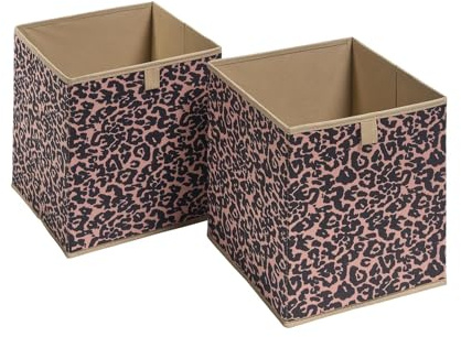 OHS Set of 2 Leopard Cube Storage Boxes Home Organiser Toys Clothing Bathroom Pop Up Foldable Collapsible Storage Cubes Space Saving Shelves Organiser Cube Boxes, Natural