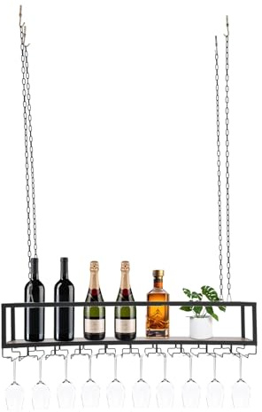 JUUTALK Hängender Flaschenhalter mit Glashalter, Weinregal, Decke, 100 cm, Weinregal, Vintage, aus Eisen, für Keller, Küche, Bar, Restaurant