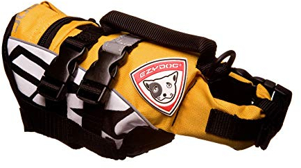 EzyDog Schwimmweste Hund - DFD Hundeschwimmweste - Schwimmwesten für für Kleine Hunde - Rettungsweste mit Griff und Reflektoren, Größenverstellbar (M2XS, Gelb)