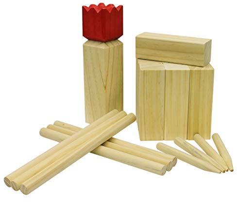 Carromco ORIGINAL Kubb Wikingerschach Odin-M, aus Kiefernholz mit rotem König, wetterfester Tasche, Outdoor Spielzeug Wikinger Schach Holz Schwedenschach groß