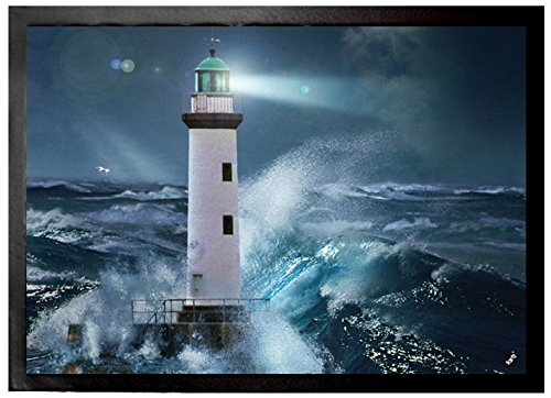 1art1 Leuchttürme Leuchtturm Bei Sturm Im Mondlicht Fußmatte Dekomatte Innenbereich | Design Türmatte 70x50 cm