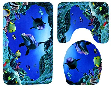 Asnlove Badematten Set 3tlg, 3er Badgarnitur Badezimmer Matte Set Dusch Bade Matte Vorleger Teppich 3D Muster für Wohnzimmer, Schlafzimmer, Schwimmbad Toilet - Unterwasserwelt