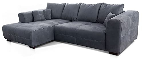 Cavadore Ecksofa Mavericco / XXL Couchecke in Mikrofaser / Mit Kissen / Longchair links / Industrial Style / 285 x 69 x 170 (BxHxT) / Mikrofaser Grau