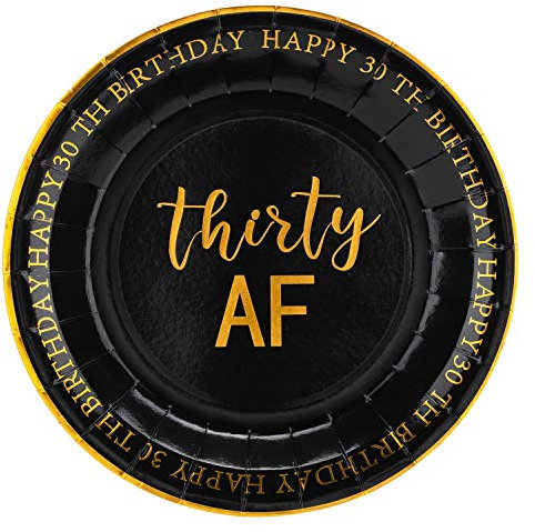 Crisky 30th Birthday Plates Black and Gold Dessert, Buffet, Cake, Lunch, Dinner Plates for 30th Birthday Decorations Party Supplies, Thirty, Happy 30th Birthday! 50 Count, 9 Plate