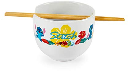 Disney Lilo & Stitch Japanese Dinnerware Set | 16-Ounce Ramen Bowl, Chopsticks