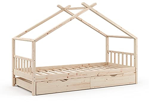 VitaliSpa Hausbett Design, Bett aus Holz, Naturholz, 90x200 cm mit Gästebett