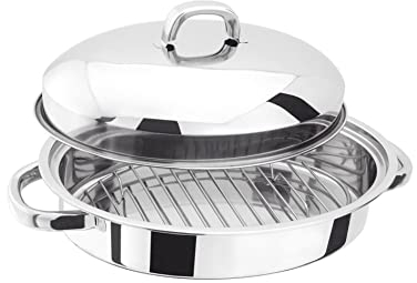 Vsorce4u 1 x 32cm Stainless Steel Roaster with Rack - Oval Meat Roasting Grilling Tray Pan Pot Tin Dish Set with Lid & Carry Handles