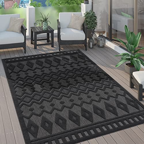 Paco Home Outdoor Teppich wetterfest & langlebig Moderne Boho-Designs mit 3D-Effekt Skandi-Look UV-beständig & robust für Balkon, Garten, Wohnzimmer & Küche, Grösse:240x340 cm, Farbe:Anthrazit 3
