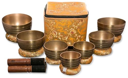 Sanskar Nepal - Tibetan Singing Bowl Set of 7, Handmade Singing Bowl for Meditation & Holistic Healing, Yoga Accessories, 3-5” Brass Singing Bowls with Wooden Striker, Cushion & Gold Carry Box