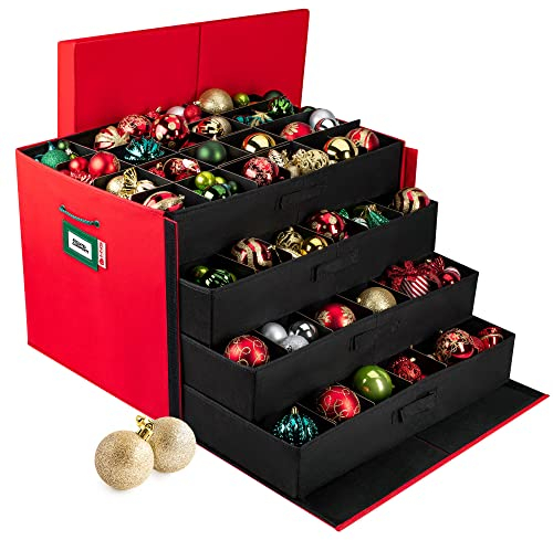 HOLDN' STORAGE Aufbewahrungsbox für Weihnachtsschmuck mit Trennwänden, für Ornamente bis zu 96 von 7,6 cm, große Weihnachtskugel-Aufbewahrungsbehälter mit 4 Ablagen, Rot