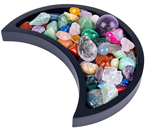 Curawood Halbmond-Tablett für Kristalle – Präsentieren Sie Ihre Kristalle und Heilsteine – 25,4 cm schwarzer Holzkristallhalter für Stein-Display – Kristall-Tablett für Stein-Aufbewahrung