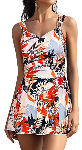 SHEKINI Maillot De Bain Une Pièce pour Femmes Robe De Bain Croisée à Col en V avec Maillot De Bain à Pli Ventre(M,Beige)