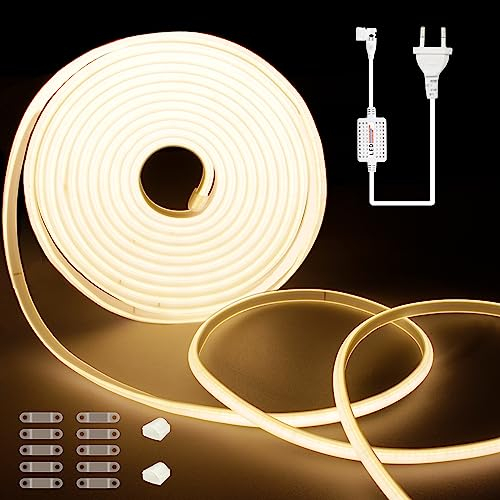 TTWAY COB LED Streifen 220V 20m, LED Streifen Wasserdicht Warmweiß, CRI>90, 10mm Breit, IP65 LED Strip 20m für Schlafzimmer, Decke, Außendekoration, 3000K