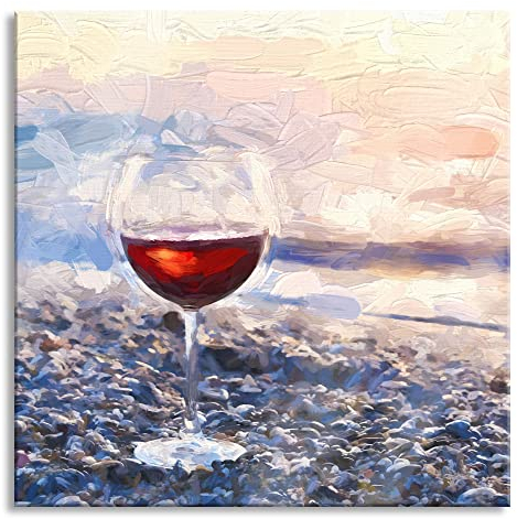 Pixxprint Quadro su vetro | Murale su vetro | Bicchiere da vino sulla spiaggia | 80 x 80 cm | con sospensione e distanziatore