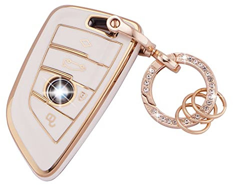 Koaudb Autoschlüssel Hülle Cover Passt für BMW X1, X2, X3, X5, X6, 2, 5, 6, 7, Serie 3, 4 Tasten Schlüsseletui TPU Schlüsselhülle mit Schlüsselanhänger (R-BM-4D-W)