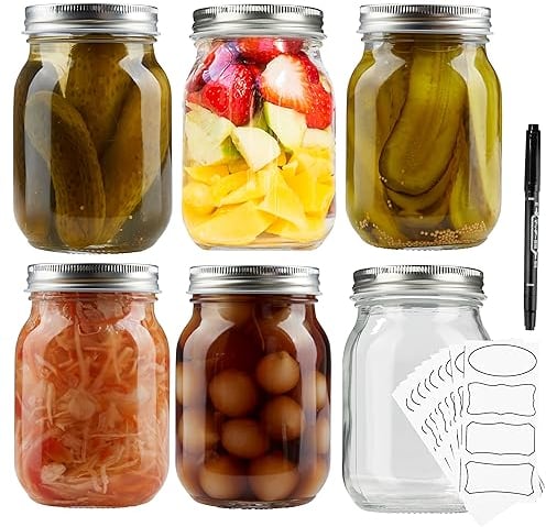 DECO EXPRESS Glass Jars with Lids Set of 6-500ml Mason Jars Airtight Leak Proof with Labels and Marker Pen - Jam Chutney Preserves Overnight Oats Storage Jars