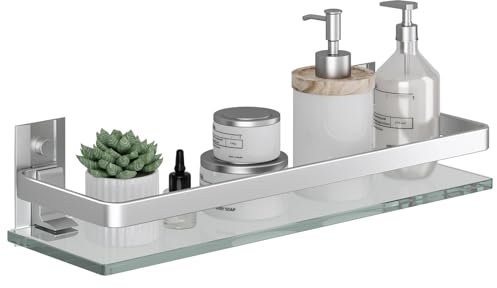 Argent Étagères de Salle de Bain Étagère de Douche en Verre Étagère Murale Rangement Douche avec Tablette