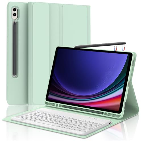 Custodia con Tastiera per Samsung Galaxy Tab S9 Plus 12.4, Tastiera magnetica Bluetooth staccabile e 360° Custodia Protettiva dal Design Sottile, Compatibile con Samsung S9FE+ 2023, Verde Chiaro