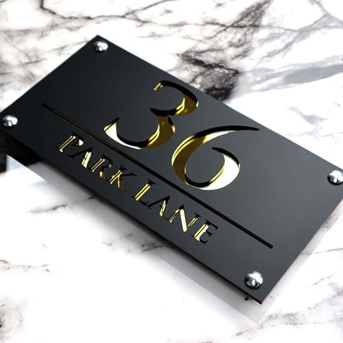 K SMART SIGN | LUXE H3 F32 | House Numbers Plaques House Numbers Door Laser Signs Number Name Personalised Plaques For Outside 3D Laser Cut acrylic Mirrored Marble (Matt Black & Gold Mirror)