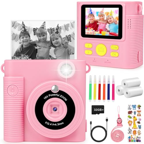KinderKamera Sofortbildkamera 1080P 2.4 Bildschirm Digitalkamera Geburtstag Geschenk für Jungen und Mädchen 3-12 Jahre mit 3 Rollen Druckpapier,32GB Karte, 6 Farbigen Stiften,4 Aufkleber (Rosa)