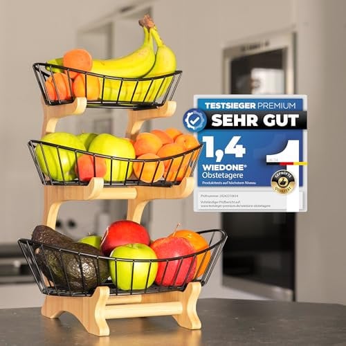 Wiedone Cesta de frutas en 3 niveles de madera, frutero, diseño de fruta, cocina, organizador de cocina para el elegante almacenamiento de frutas en la encimera, color negro