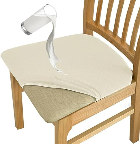 MOLVCE Jacquard Esszimmerstuhl Sitzbezüge 4er Set, TPU Laminiert Wasserdicht Stuhlhussen, Stretch Sitzkissenbezug Abnehmbare und Waschbare, Stuhlbezug für Küchen, Bankette, Hotel, Beige